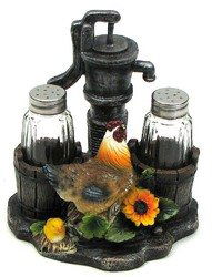 Pump Up The Spice S&P Set: Pump Up The Spice S&P SetResin Garden pump with hen and chicks in front and glass salt and pepper shakers on each end. Great for the farm kitchen or just the rooster/chicken lover. Measures: 6" X 6 3/