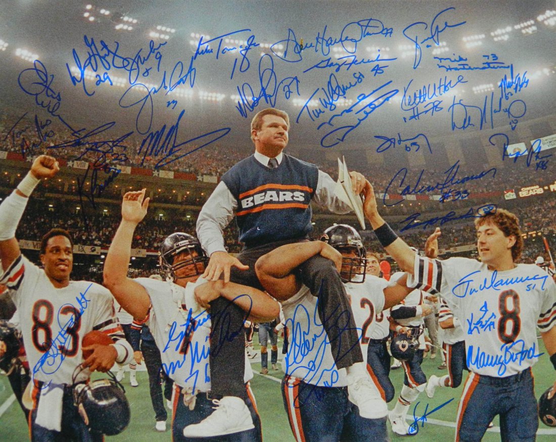 This is a 1985 Chicago Bears Team signed Super Bowl XX : this is a 1985 chicago bears team signed super bowl xx 16x20 photo of mike ditka being carried off the field with 30 signatures. this photo has been signed by 30 members of 1985 chicago bears team, th