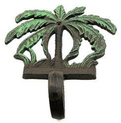 Palm Tree Hook Set of 2: Palm Tree Hook Set of 2Measures: Cast iron Palm tree branches have green color on branches and grass. Great for indoor or outdoor with a large single hook on each one. Measures 8 1/2" H. X 6 1/2" W. X