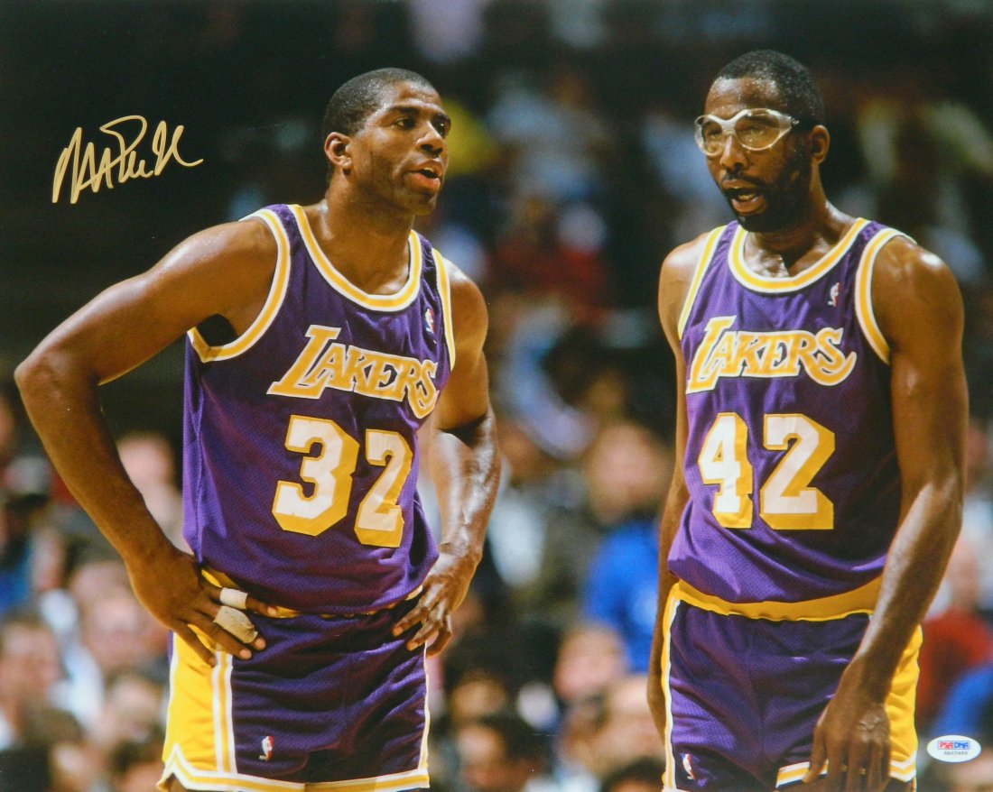 Magic Johnson signed Los Angeles Lakers with James Wort: magic johnson signed los angeles lakers with james worthy 16x20 photo. item comes with a psa/dna tamper evident numbered sticker and matching certificate of authenticity which can be verified online.