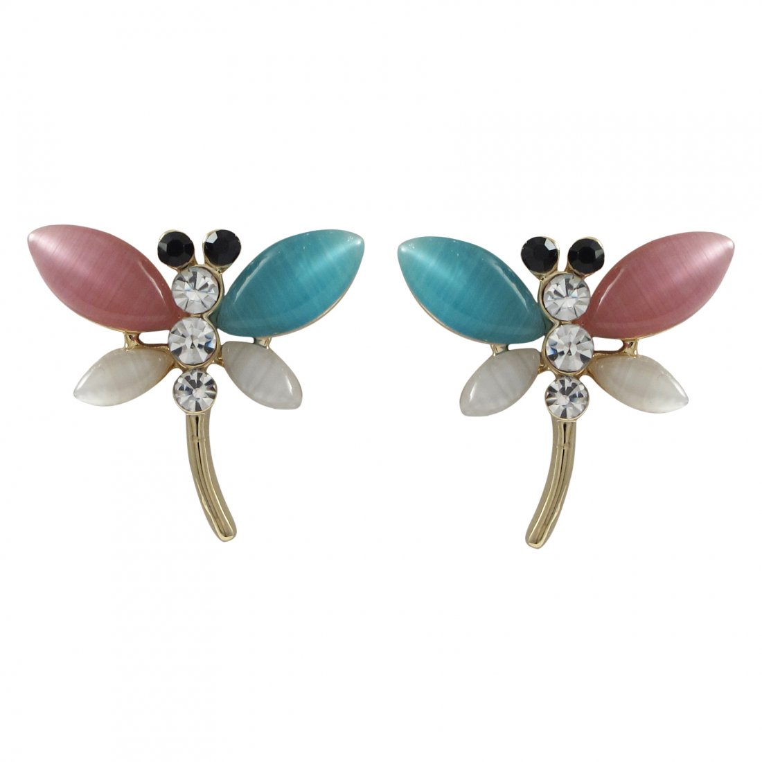 Multi Color Cat's Eye Stone Dragonfly With Black And Wh: multi color cat's eye stone dragonfly with black and white crystals,gold plated brass post earrings, 0.71
