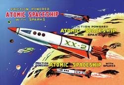 Friction Powered Atomic Spaceship with Sparks 28x42 Gic: Series: Robots, ray guns & rocket shipsArtist: UnknownPeriod: Source country: JapanSource Year: 1950The 1950's was a time of wonder and the universe was the focus of many young imaginations. Hollywood