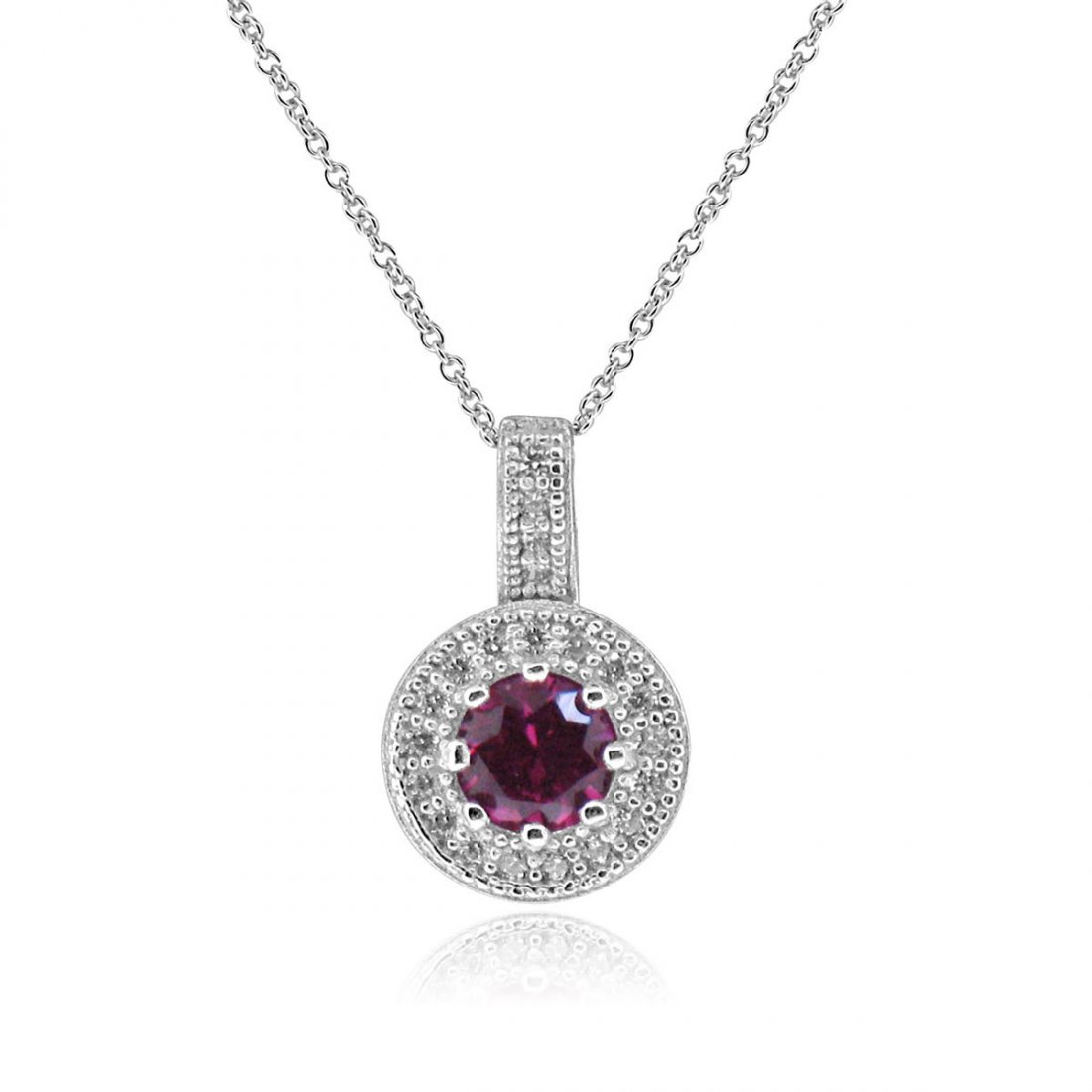 Sterling Silver Rhodium Plated with Simulated Ruby and : sterling silver rhodium plated with simulated ruby and cz halo necklace measuring 18in x 0.4in total weight 2.6gr with a lobster clasp The ancient writers described ruby as having the power of shining