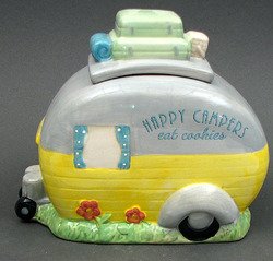 "Happy Campers Eat Cookies" Cookie Jar: "Happy Campers Eat Cookies" Cookie JarMeasures: Nostalgic camper shaped ceramic cookie jar, great addition to any countertop. Has square top shaped like luggage without a rubber seal. Dishwasher safe.