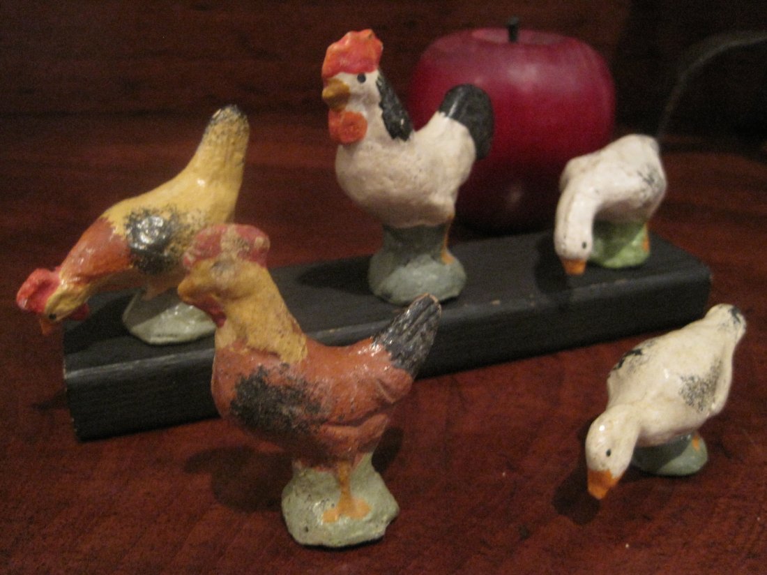 Five German Putz Composition Farm Animal Toys Ca 1800s: DESCRIPTION: This is a collection of five German composition farm animals. The five farm animals that make up the collection are: 3 roosters or chickens and 2 white ducks or geese. The farm animals ar