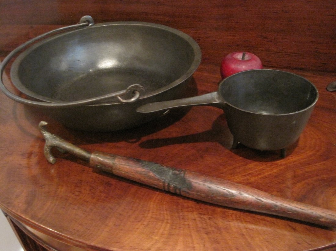Open Hearth Cast Iron Posnet, Bowl & Pot Lifter 1700s: DESCRIPTION: These are colonial open hearth miniature cast iron posnet, open hearth cooking cast iron bowl, and handmade pot lifter or pot bail from New England circa 1700s. A posnet is a little basin