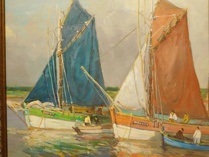 Tuna Boats, Concarneau, France oil painting: Artist unknown: Tuna Boats, Concarneau, France, unsigned oil painting on canvas, laid to board. Installed in a newer frame. 13x16 in; 20.75x23.75 in. frame