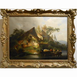 Antique Continental Boaters & Smokers c.1840 Oil: Continental School: c.1840 oil painting. This dramatic antique oil painting is full of amazing details. Sunlight cuts into the scene like a spotlight, showing all the main characters: a mother and chi