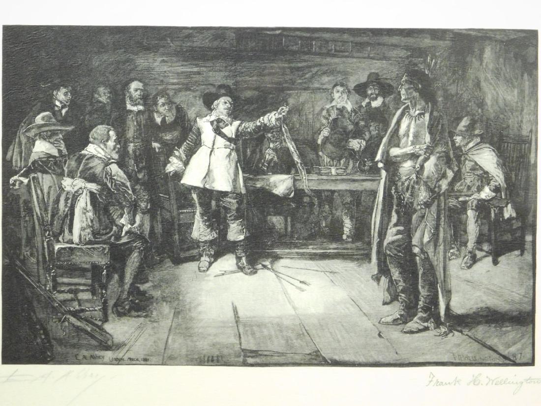 E.A. Abbey & Frank Wellington, Miles Standish's: Edwin Austin Abbey (1852-1911) Miles Standish's Challenge, engraved by Frank Wellington, 1887. Signed by both artists. Dated on the mat, titled on a label attached to the back of the frame. From a por