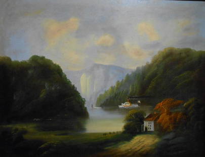 Antique Hudson River Fantasy Oil Painting: Hudson River School: Untitled/unsigned landcape oil painting, early 20th Century. The 22" x 28" painting is lined onto a board. and is installed in an old 28" x 34" frame which has been repainted in