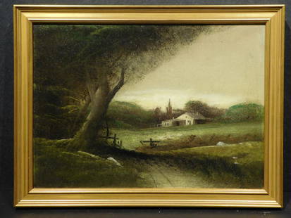 Landscape With A Church, c.1890, Oil: Artist unknown: Landscape With A Church, unsigned c.1890, Oil on canvas, framed. 12x15.75 inches, frame