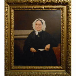 Antique Oil Portrait Of American Matron In Hand Carved: This formal portrait of a woman is from the early 1800's, and is installed in a rare hand-carved wooden frame. (All the details are carved in low relief -- you can see rough chisel marks) The woman is