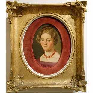 Antique c.1800 German Oil Painting Of Woman: This lovely, realistically detailed oil painting dates from the early 1800's, and is likely German. The woman's hair is immaculate, and you can count the beads on her red necklace.The ornate