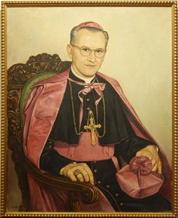 B. Justis: 1954 Portrait of a Cardinal: B. Justis(Austrian?): Portrait of a Cardinal, 1954 Oil on Linen CanvasSigned and dated. Canvas bears the stamp of an Austrian manufacturer.Installed in a new gold-metal leafed wooden frame. Frame