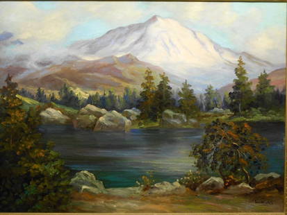 Paul Wesley Arndt: The Great White Peak, Swiss: This impressive oil on canvas is titled The Great White Peak and was painted by American artist Paul Wesley Arndt (1881-1978) in the early 1940's. The view is a lake near Lucerne, Switzerland.Paul