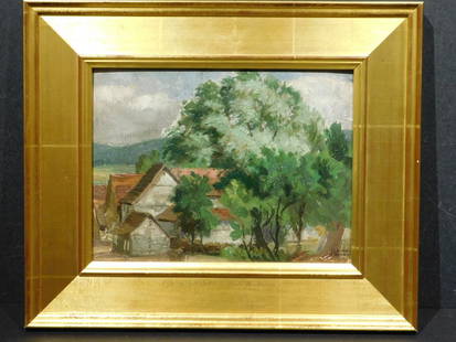 Johannes Lippmann: Village Scene, Oil: Johannes Lippmann (Germany, 1858-1935): Village Scene, signed front l.r and identified by a label, verso. Oil on board, installed in a new frame. 16x19.5 inches, frame