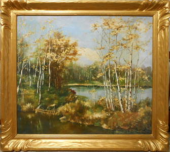 Autumn Pond Oil Painting With Birch Trees