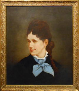 Victorian Oil Portrait Of Woman With Fashionable Hair: This oil portrait painting of a young Victorian woman shows her coiffed in a fashionable pouf with a long braid. Painted around 1870, unsigned. The canvas is clean, with some retouching. The frame