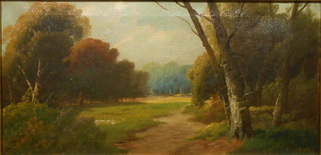 Antique American Tonalist Oil Painting Forest Landscape: This painting is a beautiful example of how the Tonalist movement influenced American artists in the late 1800's. The painting is initialed "H.D.F." but I have been unable to identify what name the