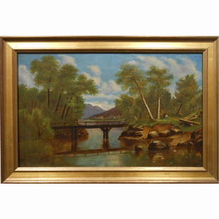 Antique New England Country Landscape With Bridge: This oil painting was created around 1850, and is signed with a monogram which appears to be "CCC". It is a true American primitive scene of an old bridge spanning a stream. There are even a few