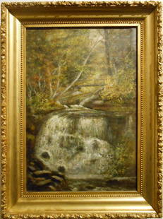 1894 Antique American Oil Painting of Bridge Over: This charming rendering of water rushing beneath a footbridge was painted in 1894 and signed E. Brown. I'm not sure who E. Brown was, but the painting appears to be of New England, possibly New