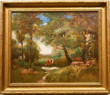 J. Clyde: Antique American Tonalist Landscape With Cow: American 19th/20th Century painter J. Clyde created this idyllic view of a cow watering at a woodland pool. The painting was made around 1900, and is oil on canvas. It is faintly signed in the lower