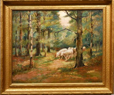 J. Clyde: Antique American Tonalist Oil Painting Of: American 19th/20th Century painter J. Clyde created this idyllic view of a flock of sheep wandering through a wood. The painting was made around 1900, and is oil on canvas. It is signed in the lower