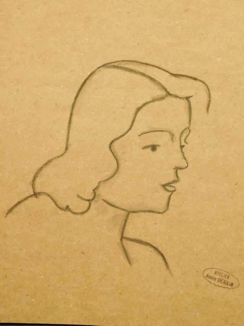 Andre Derain: Portrait of a Woman: Andre Derain (1880-1954):Portrait of a Woman, inscribed "Atelier Andre Derain", graphite on tan paper. approx. 10 1/2" X 8 1/4" Private collection