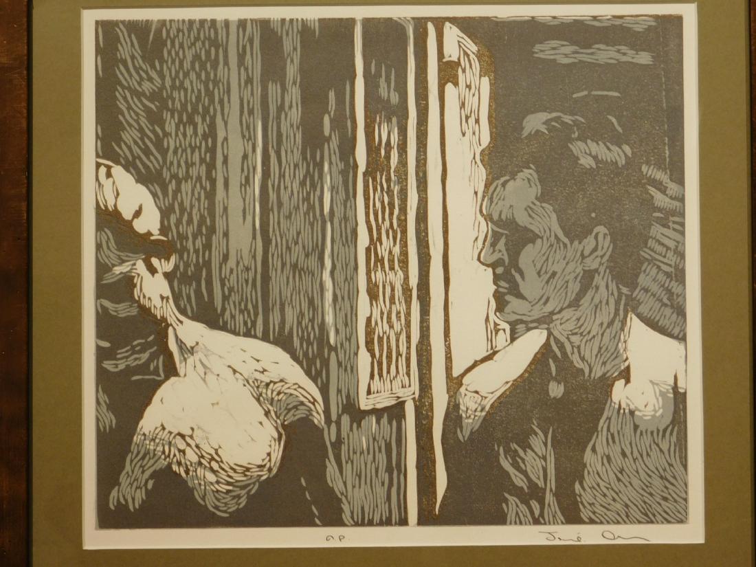 Jamie Adams: Portrait of Two Men: Jamie Adams Portrait of Two Men, Woodcut print on paper, signed and marked AP (Artist's Proof), framed Size: 16.5x16 in. frame