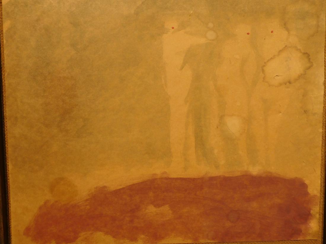 John L. Thompson: Three Figures On Beach, 1963 Oil: John L. Thompson: Three Figures On Beach, 1963 Oil on paper mounted on burlap.. Size: 17.5x21.5 inches, frame