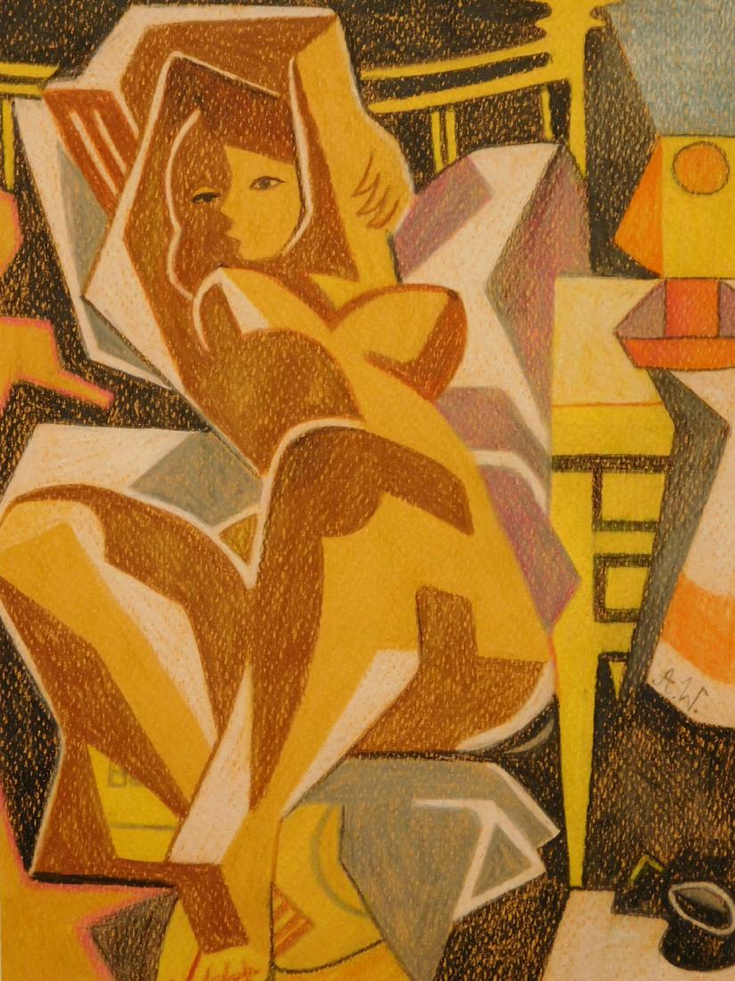 After Fernand Leger: Reclining Female Nude: After Fernand Leger: Reclining Female Nude, colored pencil on paper, signed A.W., framed Size: 15.5x13 in. frame
