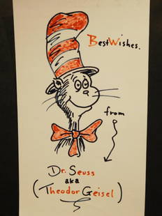 Dr. Seuss: Best Wishes From Dr. Seuss aka Theodore: Theodore Seuss Geisel (1904-1991) (Attributed): Best Wishes From Dr. Seuss aka Theodore Geisel, Illustrated with the Cat in the Hat, signed. Drawing in red and black ink on white paper. Provenance: