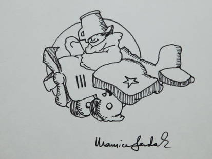 Maurice Sendak: Max in an Airplane, Signed Drawing: Maurice Bernard Sendak (1928-2012)(Attributed): Max in an Airplane, Signed. Ink drawing on white card stock paper. Provenance: Private collection, New York Dimensions: 6.25x7 inches.