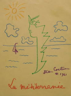 Jean Cocteau: La Mediterranee, 1961 Drawing: Jean Cocteau (1889-1963)(Attributed): La Mediterranee, signed and titled. Crayon drawing on buff paper. Unframed. Provenance: Private collection, New York Dimensions: 11x8.5 inches.