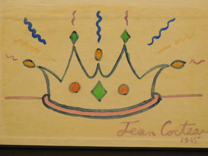 Jean Cocteau: Crown, 1945 Watercolor: Jean Cocteau (1889-1963)(Attributed): Crown, signed and dated 1945. Watercolor on the inside of a book cover. Cover has been detached from book, Unframed Provenance: Private collection, New York 