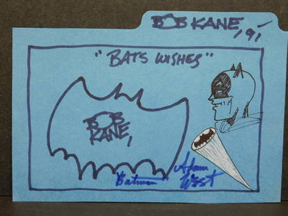 Bob Kane: Bats Wishes, Signed Drawing: Bob Kane (1915-1998): Bats Wishes, signed and dated '91. Also inscribed Batman and signed Adam West. Marker, ink and white pencil on die-cut blue card stock. Unframed. Robert "Bob" Kane was an