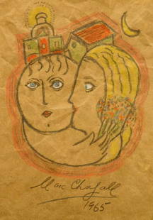 Marc Chagall: Mother & Child Drawing, 1965: Marc Chagall (1887-1985)(Attributed): Mother & Child Drawing,signed and dated 1965. Pencil and crayons on brown kraft paper. The paper has extensive marks/crumples from handling. Unframed.