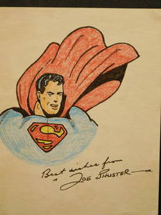 Joe Schuster: Superman, Signed Drawing: Joe Schuster (1914 Canada-1992 USA): Superman, Signed and inscribed Best Wishes from Joe Schuster. Ink and crayon drawing on white card stock. Unframed. Joseph "Joe" Shuster was a Canadian-American