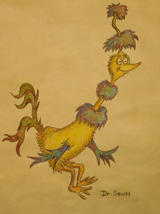 Dr. Seuss: Bird Drawing: Theodore Seuss Geisel, a.k.a. Dr. Seuss (1904-1991) (Attributed): Bird, signed. Drawing in graphite and color pencils on buff-toned medium weight bonbd paper. Provenance: Private collection, New