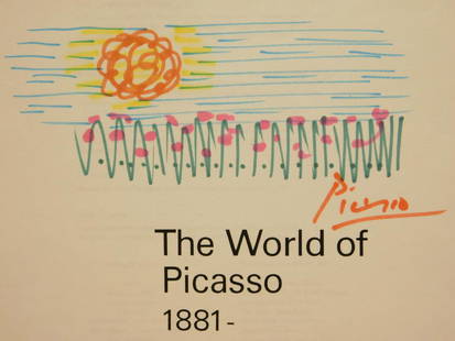 Pablo Picasso: Sketch and Autograph: Pablo Picasso (Attributed)(1881-1973): Sketch and autograph. Marker ink on the front of two black-and-white photocopies of Time Life book pages, stapled together in the upper left corner. Unframed.