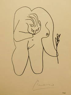 Pablo Picasso: Nude, Signed lithograph: Pablo Picasso (Attributed)(1881-1973): Nude, Signed lithograph on book page. Single sheet, printed both sides, removed from binding. Signed in pencil. Provenance: Private collection, New York 