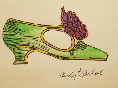 Andy Warhol: Green Shoe Drawing: Andy Warhol (1928-1987)(Attributed): Green Shoe, signed. Ballpoint pen ink drawing with watercolor dyes on white medium-weight bond paper. Provenance: Private collection, New York Dimensions: 