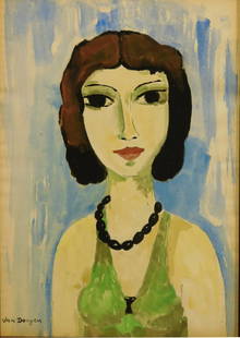 Kees Van Dongen: Woman with Black Beads: Kees Van Dongen (Attributed)(1877-1968):Woman With Black Beads, signed Van Dongen, mixed media. Provenance: Private collection Dimensions: approx. 8" X 12"