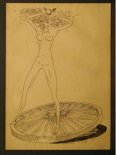 Man Ray: Histoire de la Science, 1937 drawing: Man Ray (1890-1976) (Attributed): Histoire de la Science (Nude Woman on a Wheel) signed and dated 1937. Ink drawing on buff toned paper. Provenance: Estate of Reginaud Haime, Vevey Switzerland 