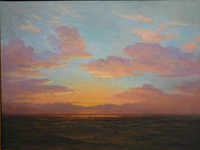 Frank Chester Perry: Seascape: Frank Chester Perry (American,): 1859-1943): Seascape, Oil on canvas, unsigned. A striking sunset with glowing pink clouds in a cerulean sky, reflecting onto the ocean. The canvas is housed in its