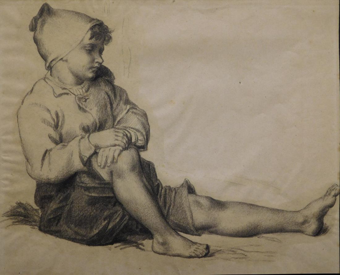 School of Millet: Charcoal drawing on paper: School of Millet: Young boy, Charcoal on paper, Unsigned, framed and matted under glass. Size: 10.5 x 12 inches/ 15.5 x 17.25 inches frame.