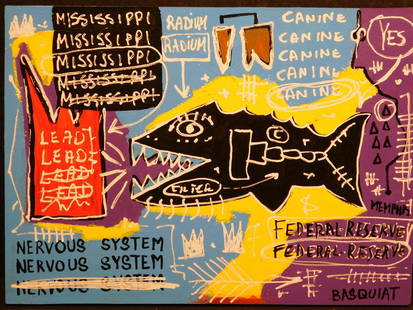 Jean-Michel Basquiat: Radium (Fish): Jean-Michel Basquiat (1960-1988)(Attributed): Radium (Fish), acrylic on cardboard, signed with crown over Basquiat, painted on both sides, verso labels glued on, unframed