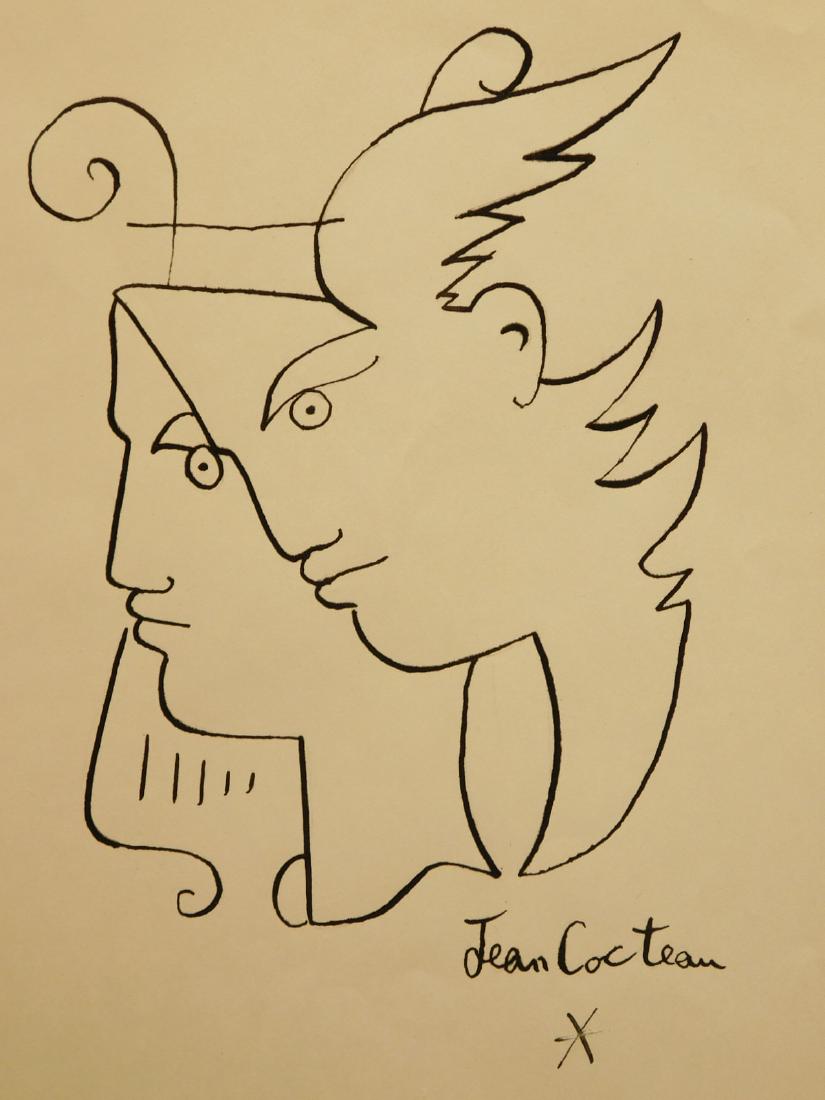 Jean Cocteau: Apollo and Hermes: Jean Cocteau, attributed: Apollo and Hermes, ink on sketchpad paper, signed, handling marks, toned upper edge, 13.75x9.6 in. paper, unframed.