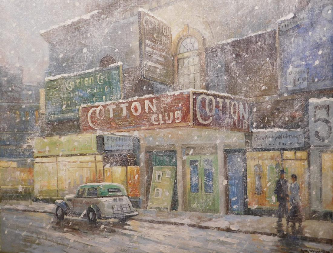 Guy Carleton Wiggins: The Cotton Club: Guy Carleton Wiggins (American, 1883-1962): The Cotton Club, oil on canvas, signed front and back, titled on back, with remnants of tag from Mercer Gallery, Inc., installed in a new frame. Dimensions: