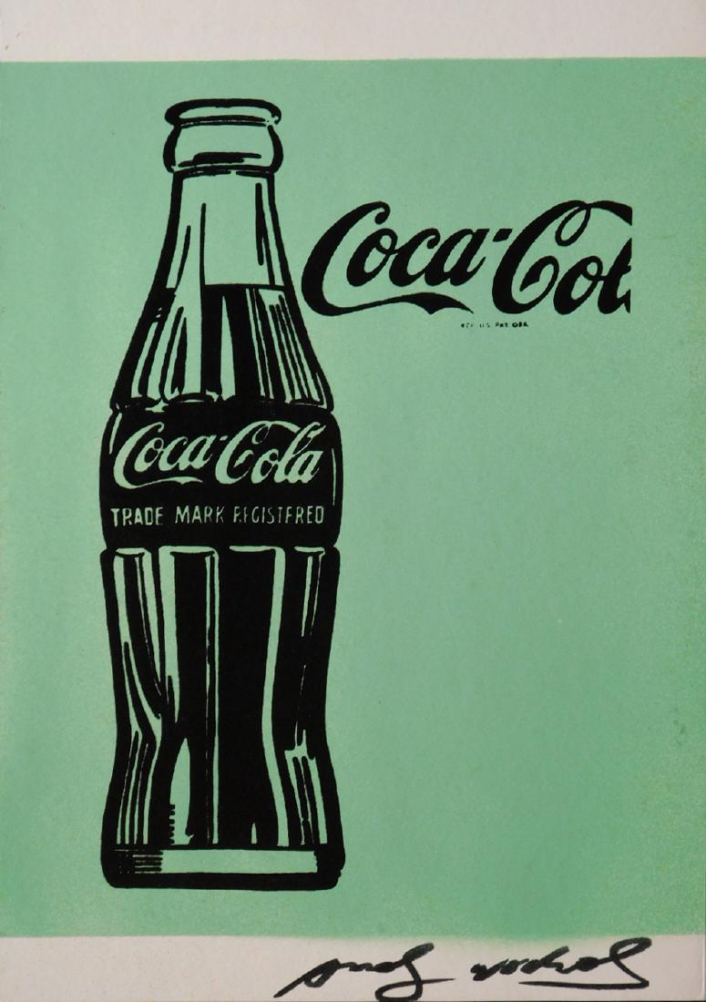 Andy Warhol: Coca Cola Bottle: Andy Warhol (1928-1987) Attributed): Coca Cola Bottle, Mixed media (acrylic, silkscreen, ink) on paper, signed front and reverse. Bears the stamp of printing atelier Total Color, New York and a stamp